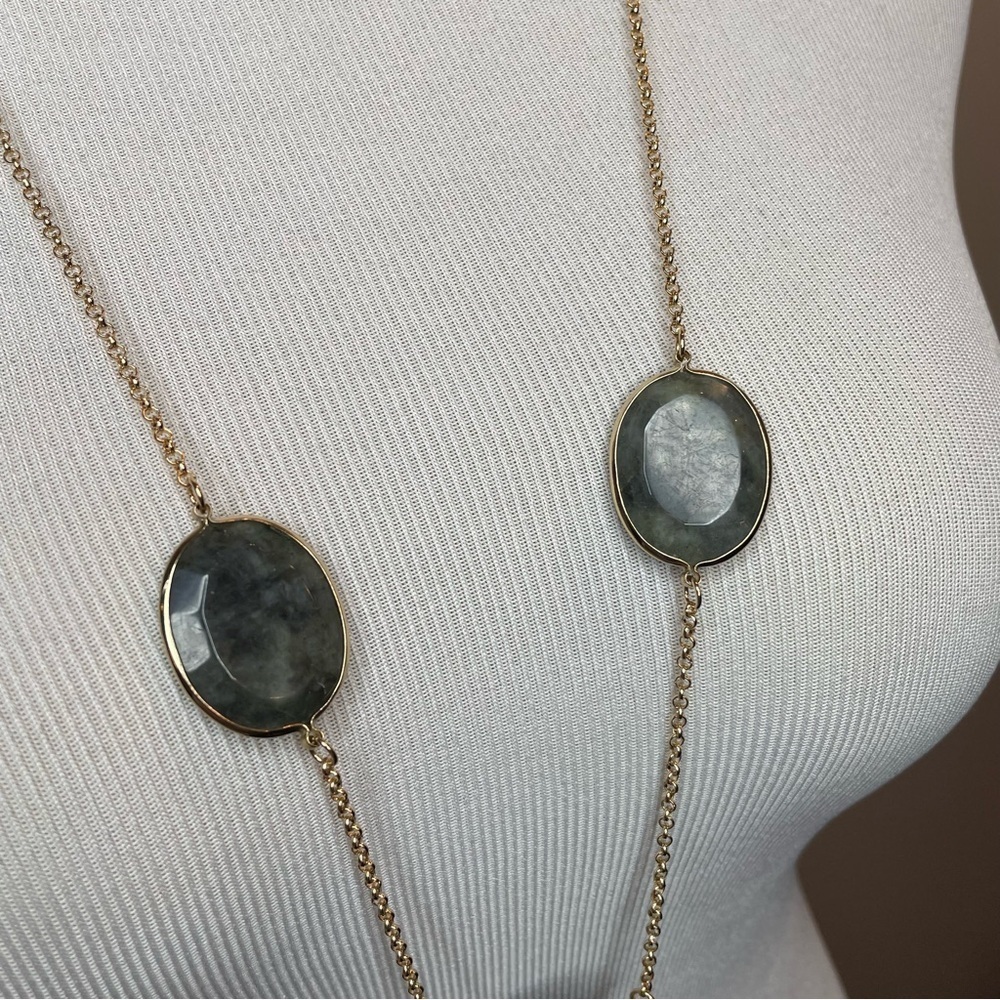 Marlyn Schiff Faceted Glass Long Necklace Gold Tone Chain Green Blue Grey Glass - Picture 3 of 6